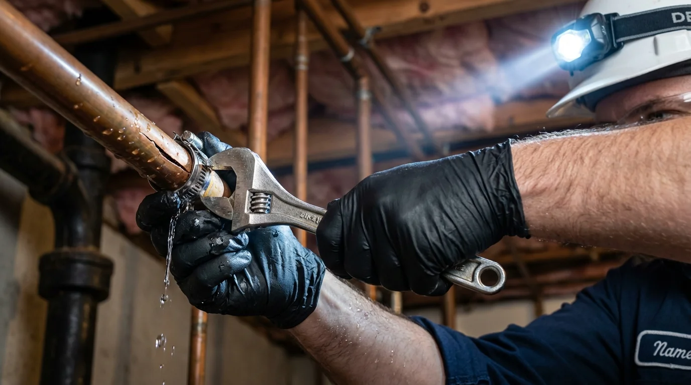 Emergency pipe clamp repair being performed by a Johns Plumbing LLC plumber in Orono