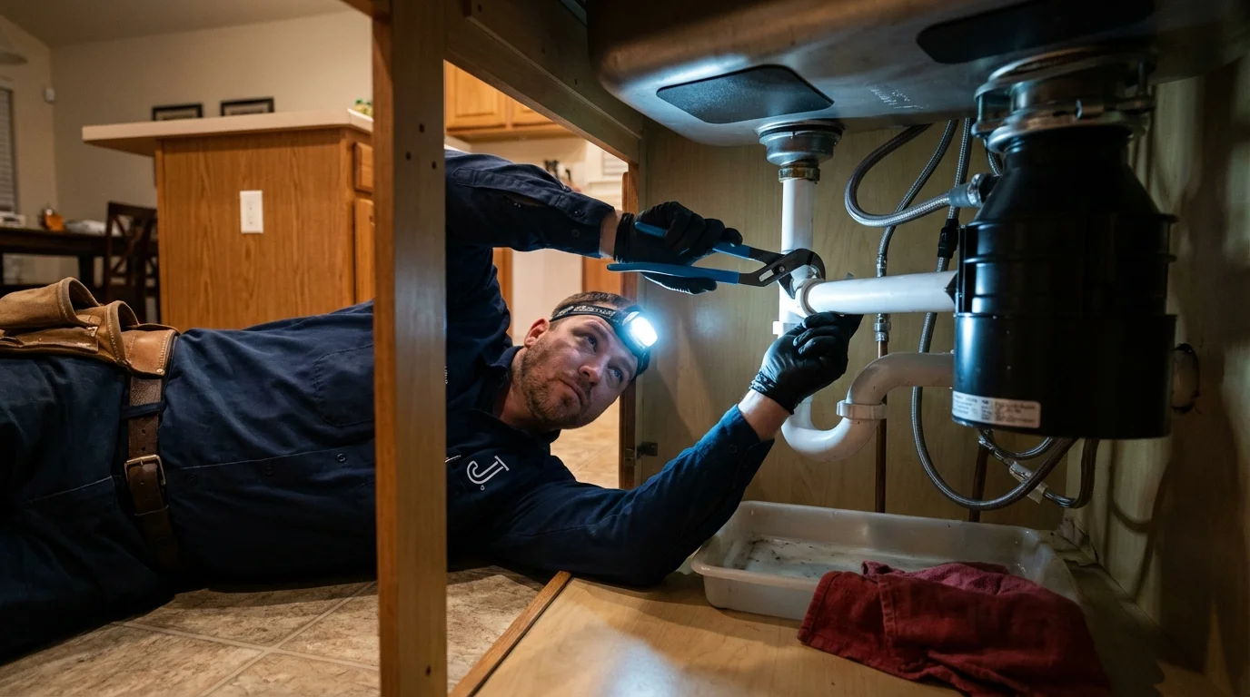 P-trap and supply line connections under a kitchen sink showing a common leak point in Orono, ME